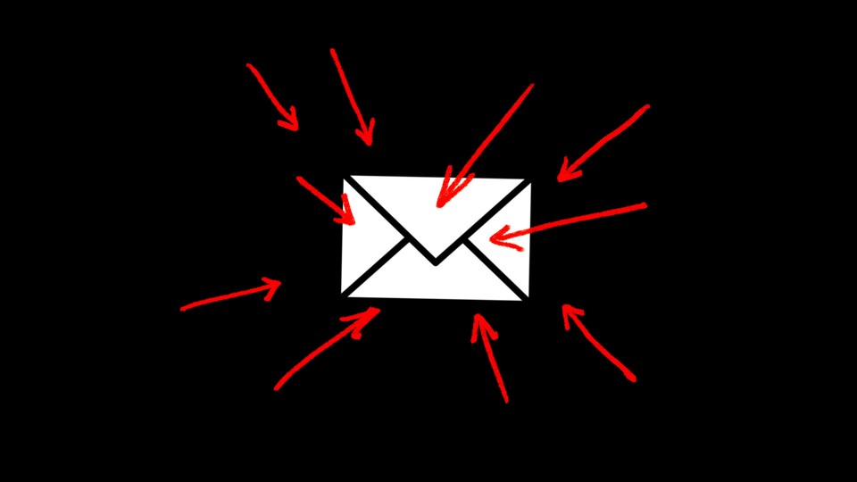 An illustration on a black background of an envelope icon surrounded by many red arrows pointing into it