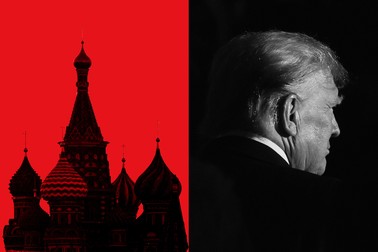An illustration of the Kremlin next to a black-and-white photo of Donald Trump