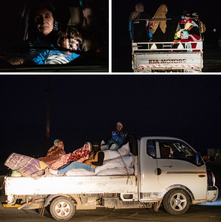 A collage showing various photos of residents of the the northeastern Syrian city of Tal Tamr fleeing their homes on the back of a truck.
