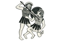One ancient warrior in helmet spearing another, kneeling warrior in the chest
