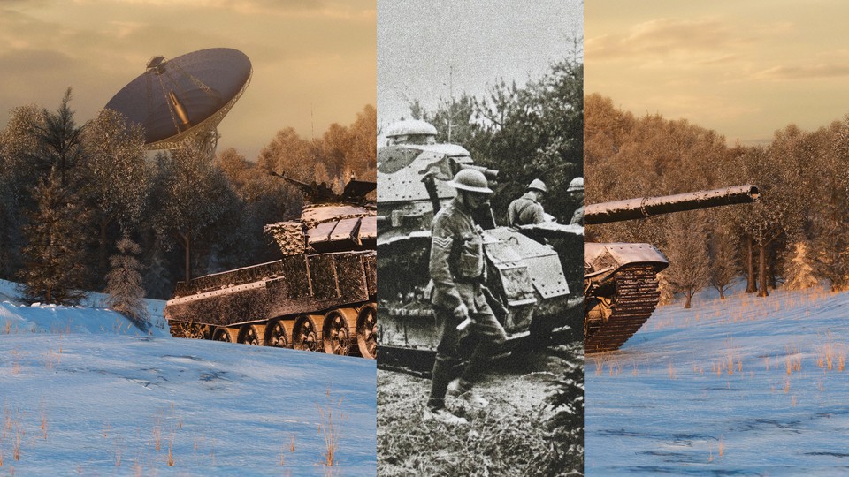 Collage showing Russian war tank of the present superposed with Russian war tank of the 20th century.