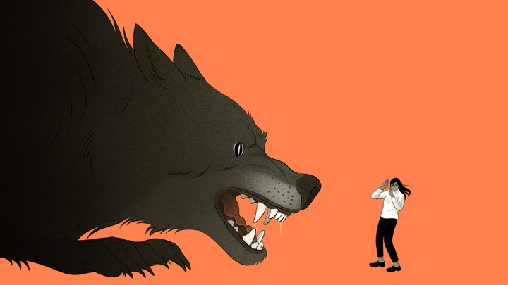 An illustration of a giant wolf with a woman cowering in fear in front of it.