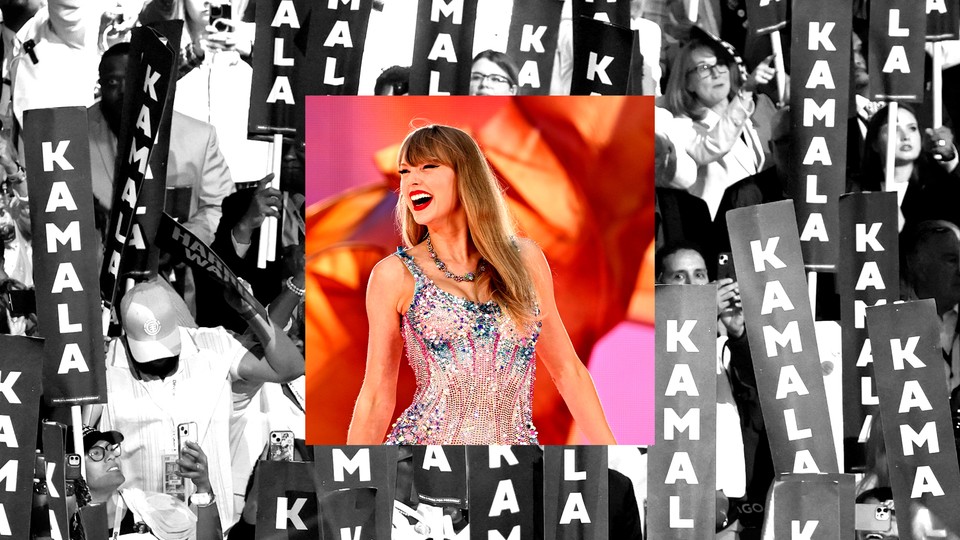 An image of Taylor Swift juxtaposed with a photo of a Kamala Harris rally
