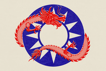 Chinese red dragon wrapped around blue circle of Taiwanese flag