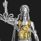 Illustration of a blindfolded statue of a woman holding up the scales of justice while wearing a police vest