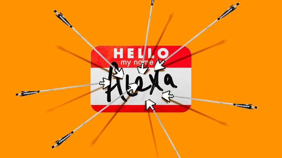 An illustration of an Alexa nametag being punctured by arrows tipped with computer-cursor icons