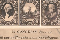 A lithograph print showing Independence Hall, Washington, and Jefferson