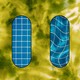 Illustration of four blue pill shapes with varyingly wavy white lines over a psychedelic green background