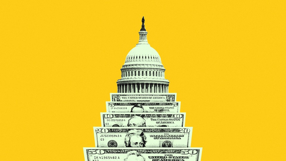 The U.S. Capitol sitting on a pyramid of dollars.