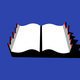 drawing of an open book with barbs along the edges against a blue background