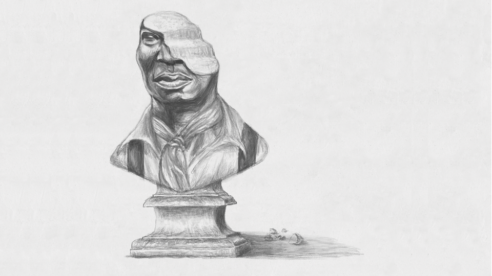 A pencil drawing of an unfinished bust sculpture of the character Jim.
