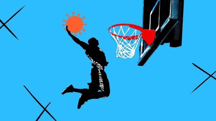 An illustration of a basketball player slamming a coronavirus shape into a hoop.