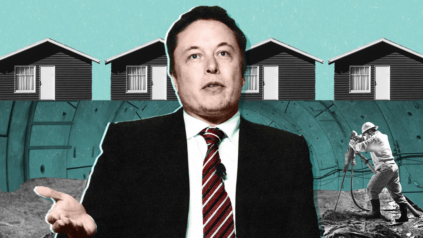 An illustration of Elon Musk in front of homes in Hawthorne