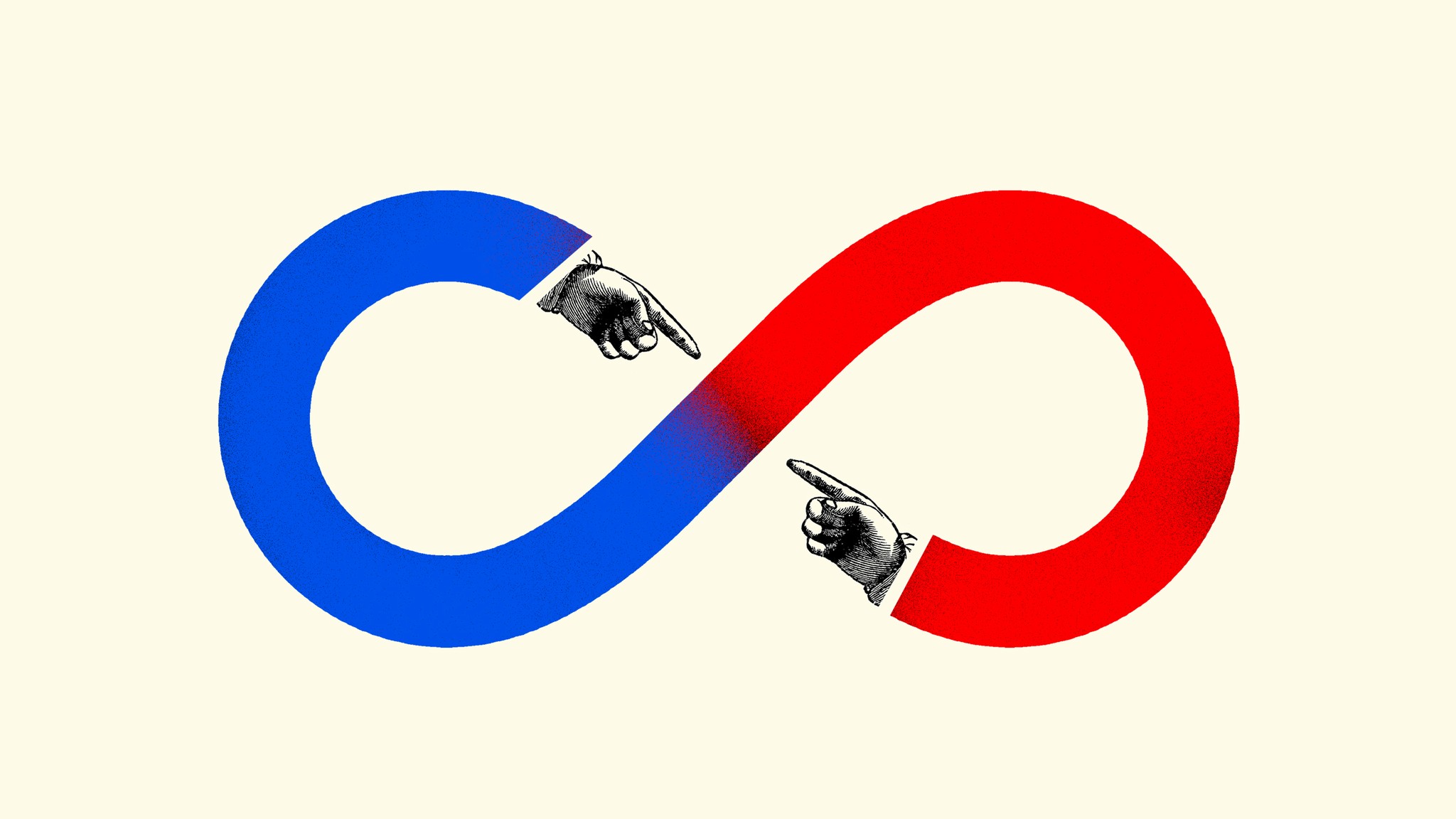 Illustration of one red arm and hand accusingly pointing at one blue arm and hand so that they form an infinity symbol of a figure 8 on its side