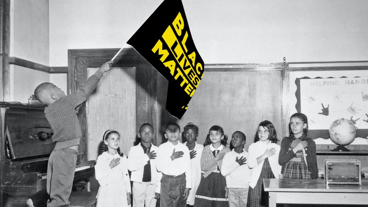 Photo illustration of a student waving a Black Lives Matter banner in a classroon