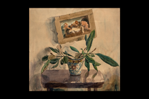 watercolor painting of potted plant with large leaves on small table with crooked framed painting above it of biblical scene