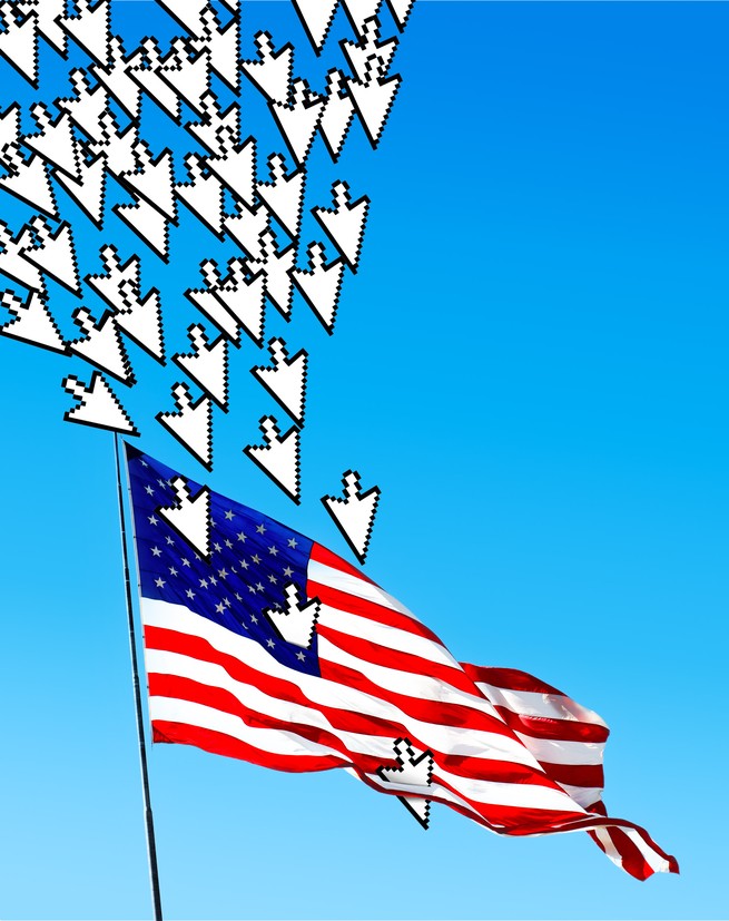 An American flag being punctured by computer cursors