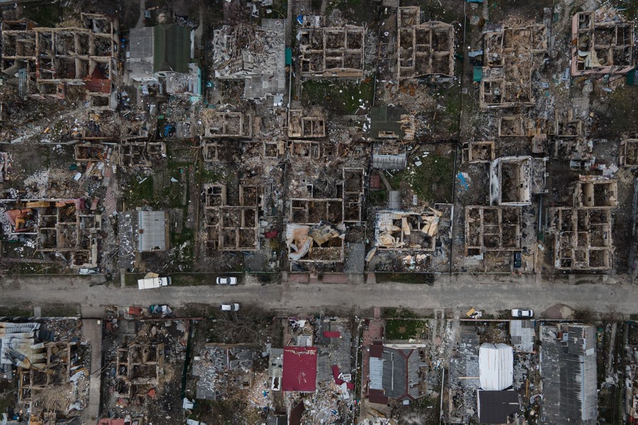 An aerial view of destroyed houses.