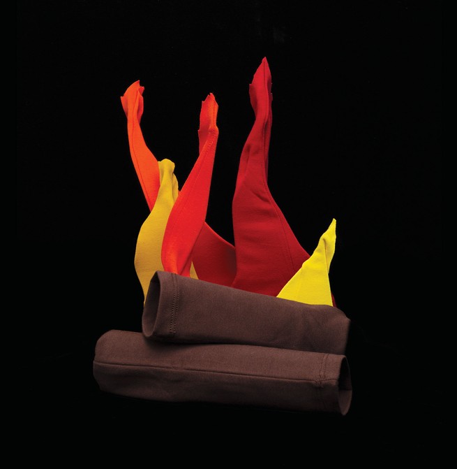 Illustration: photo of red, orange, yellow, brown leggings in shape of two logs on fire