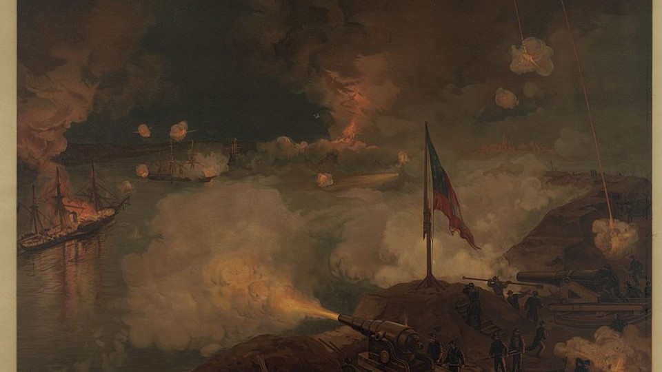 painting of Civil War battle with cannons firing on ships