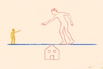 An illustration a small figure and a larger figure pointing at each other, both standing on a line balanced on the pointed roof of a house