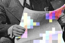 Photo of a man in a tweed jacket reading a newspaper, with some of its text colorfully pixellated.