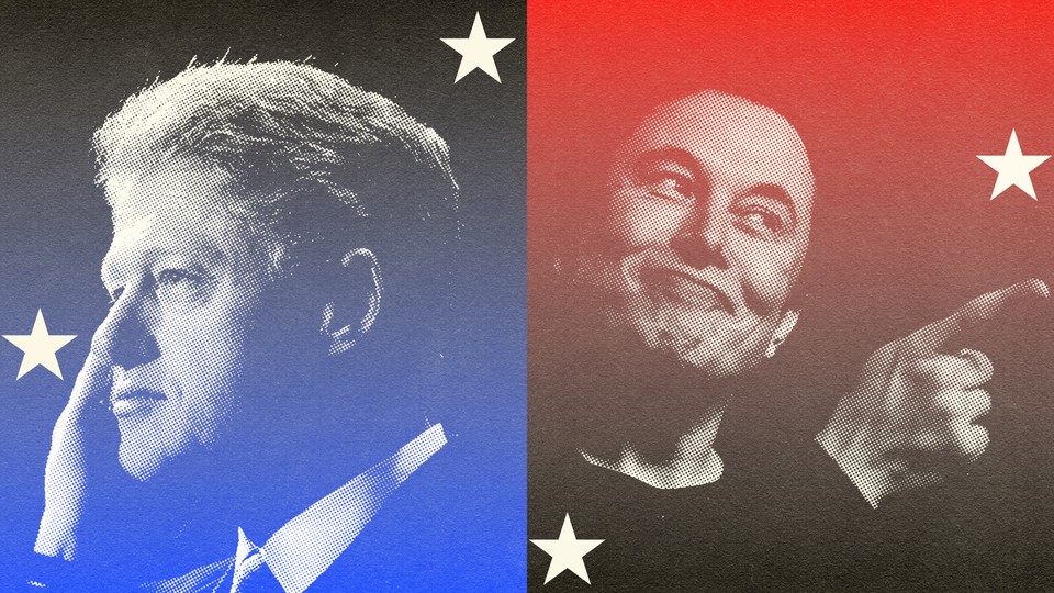 A photo splice of Bill Clinton on the left, in a blue gradient, and Elon Musk on the right, in a red gradient, with white stars scattered across both.