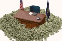 A graphic illustration of the president's desk in the Oval Office surrounded by piles of cash.