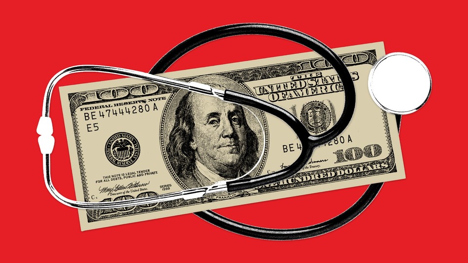 A stethoscope curls around a $100 bill against a red background