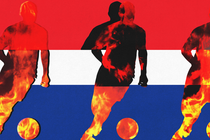 Photo illustration of silhouettes of three men running with soccer balls, with fire running through them, over a flag of red, white and blue stripes