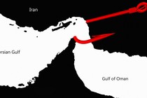 Illustration of a black and white map with a large red hook around the Strait of Hormuz