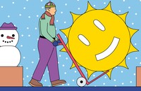 Illustration of a man in wintry weather moving a happy sunny happy face