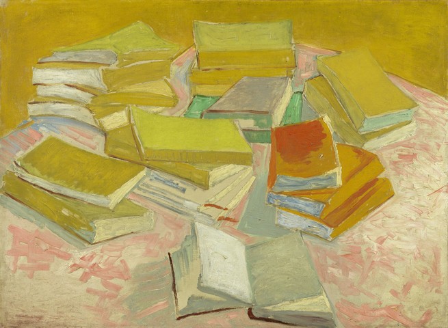 A painting of books lying on a table