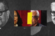 Illustration depicting juxtaposed pictures of Clarence Thomas and Ketanji Brown Jackson in first plane, and pictures of Thurgood Marshall on second plane