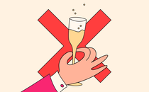 An illustration of a hand holding a bubbling champagne glass, in front of a giant red X