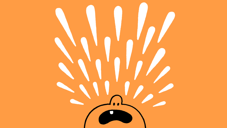 illustration of baby's face upturned showing mouth with one tooth wailing giant white tears on orange background