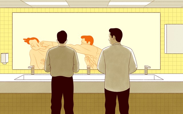 An illustration of two men in the bathroom looking in the mirror. The reflected image shows the man on the right punching the man on the left.