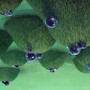 An illustration of upside-down grassy hills topped with cosmic blue spheres