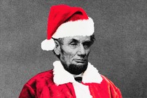 Illustration of Abraham Lincoln wearing a Santa suit