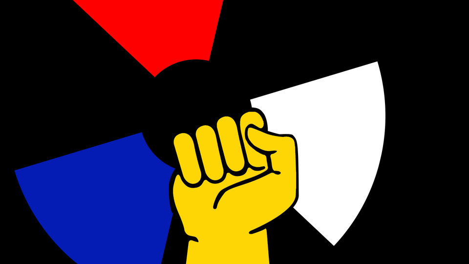 Illustration showing fist up in front of circular shape with colors of Russian flag
