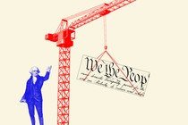 A photo illustration of a construction site, the Constitution, and a Founding Father