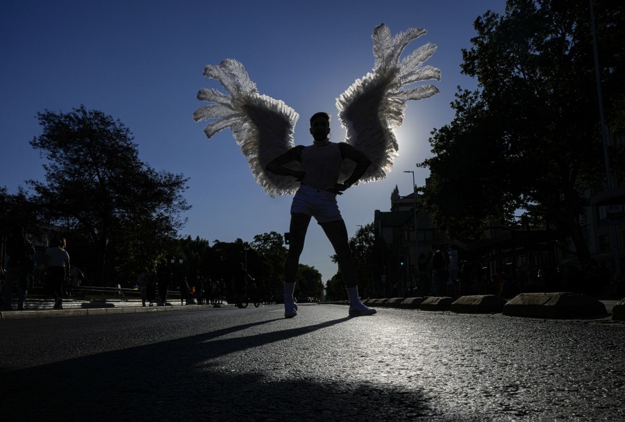 A person wearing a feathery wing costume poses in a street.