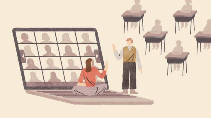 An illustration of two teachers greeting each other in front of a giant computer displaying a Zoom meeting; in the background students sit at desks