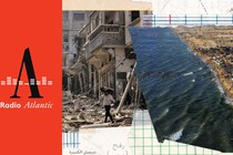 Two photos sit side by side. One shows a street in Gaza in complete destruction as a man walks over rubble. The picture on the right shows the coast and what looks like many people on the shore in makeshift structures.