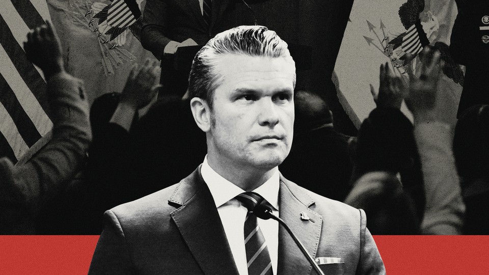 Illustration with black-and-white photograph of Pete Hegseth behind a microphone and images of people waving American flags behind him