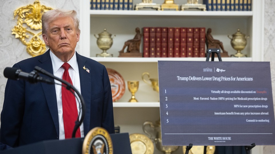 Trump frowns behind a podium and beside a sign that displays Trump's drug policy ideas, in front of mostly gold White House decorations