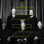Justices of the Supreme Court positioned behind imagery evoking technical inputs and outputs