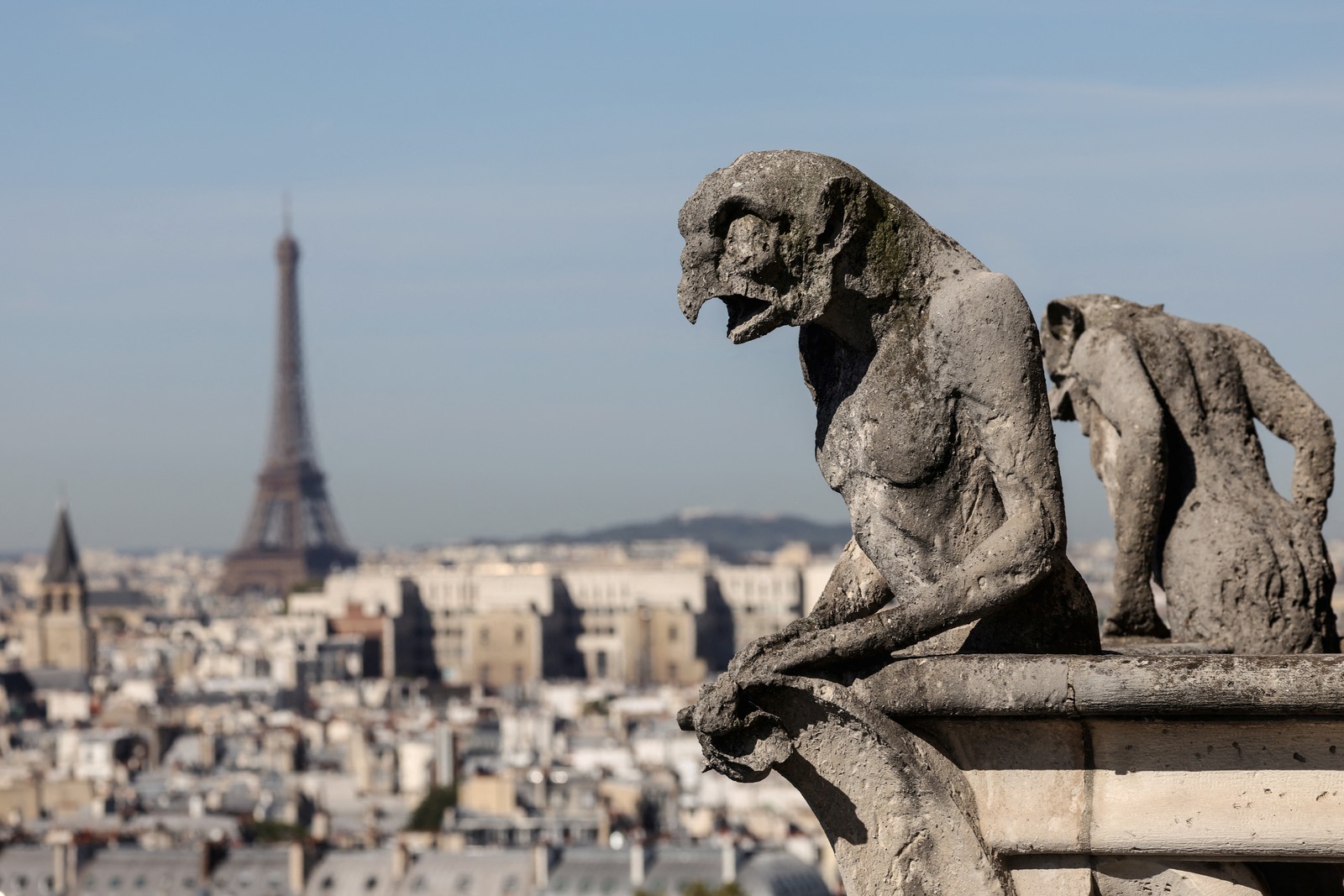 A view of Paris and the Eiffel Tower from the top of Notre Dame Cathedral, with two gargoyles in the foreground
