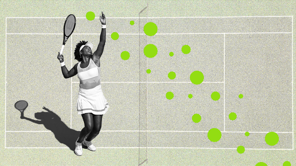 Photo collage of a tennis court, a woman holding a tennis racket in a serve position, and dozens of green dots