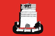 black-and-white illustration of medieval-castle fortress with crenellated wall and moat, crowned by a crenellated White House with U.S. flag flying, on red background